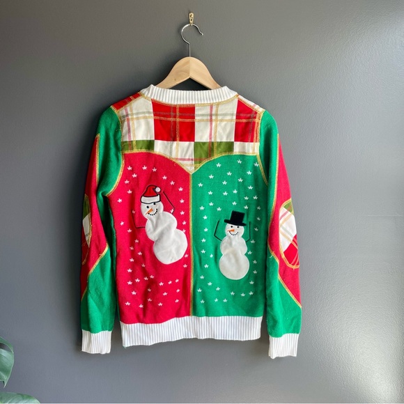 Tipsy Elves Women V Neck Cardigan Ugly Knit Sweater with Snowmen Red Green White - Picture 4 of 6